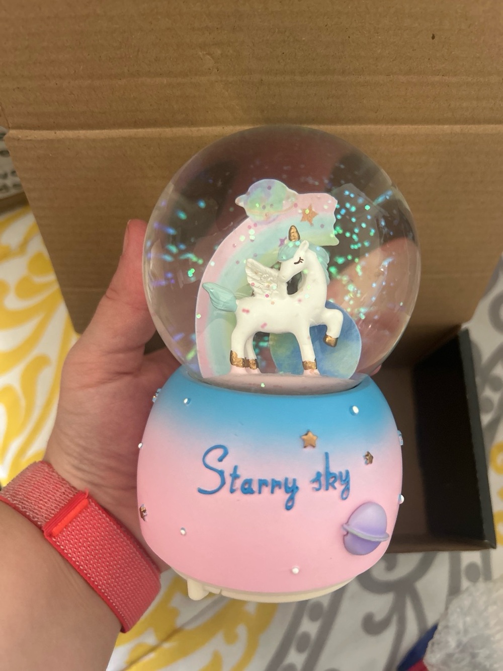 Unicorn Snow Globe Music Box — "Starry Sky" Glitter Globe